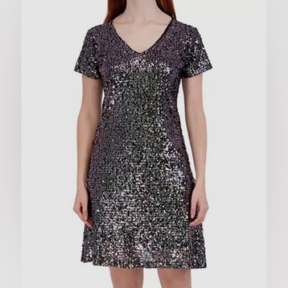 NWT Signature by Robbie Bee Macy’s Black Silver Sequin Dress Petite Medium - Picture 1 of 6
